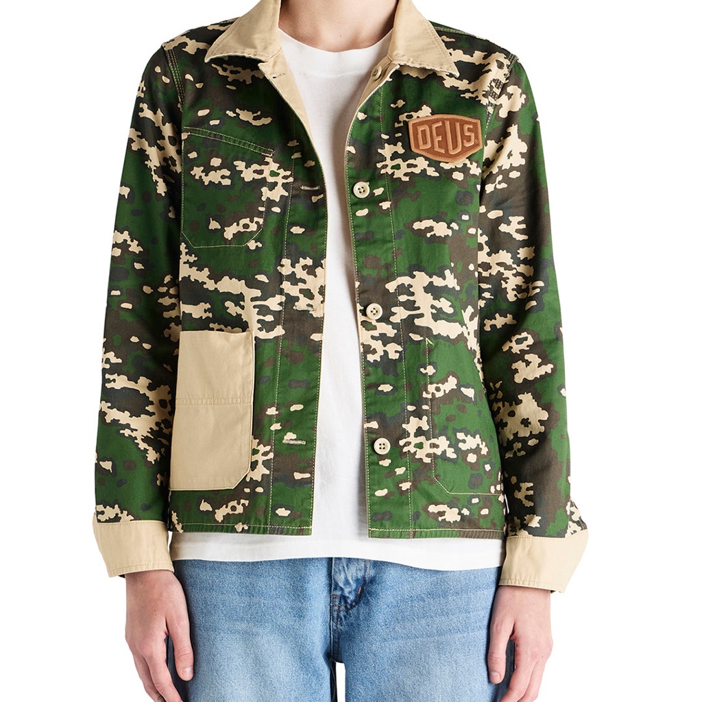 Beige Canvas Jacket With Green Camo Trim